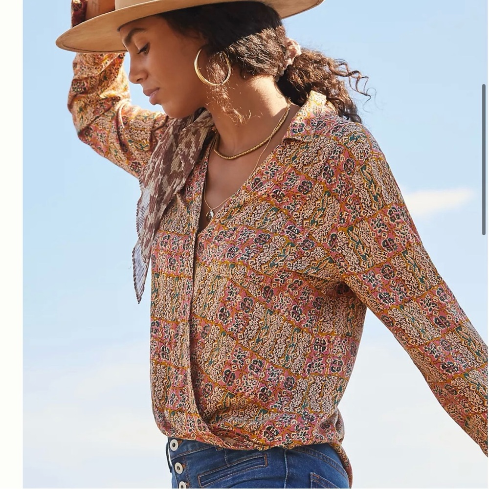ANTHROPOLOGIE PILCRO Tisha‎ Surplice Blouse Faux Wrap Size Small